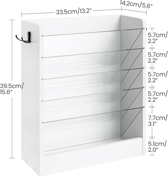 Wall File Holder, 6-Tier File Organizer, Office Supplies Storage Rack, Versatile Desktop Organizer, with Detachable Shelves, with Side Hooks, for Living Room, Study, Home Office, White MWJ02WB
