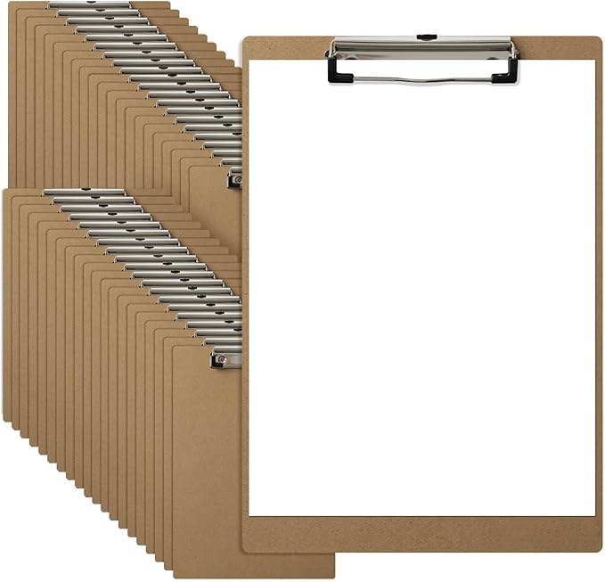 HappyHapi 42 Pack Clipboard 8.5 x 11 Letter Size Clip Boards Bulk, A4 Wooden Hardboard Office Clipboards Pack for Classroom, Work-Meetings, Brown