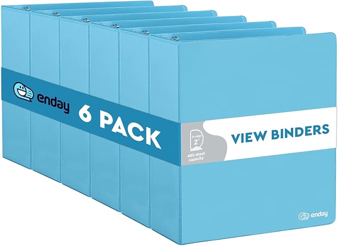 3 Slant D-Ring Binder 2 Inch Binder Blue, 2 in Clear View Cover w/ 2 Inside Pockets, Heavy Duty Colored School Supplies Binders Also Available in Grey, Pink, Red, Green, Purple (6 PC)–by Enday