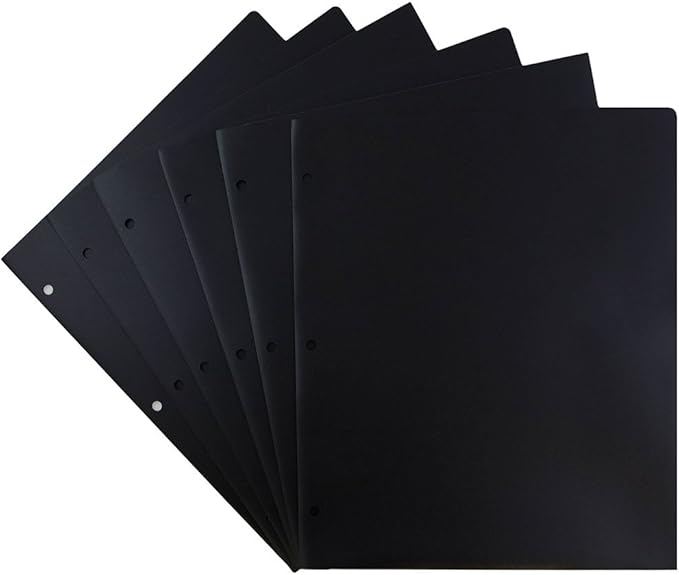 JAM PAPER Heavy Duty Plastic 3 Hole Punch Pocket Folders - Extra Tough School Folders - Black - 6/Pack