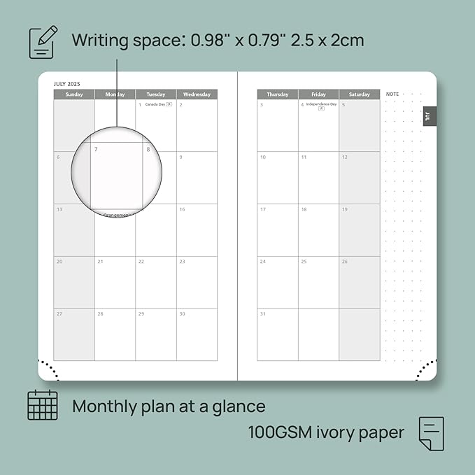POPRUN Pocket Planner 2025-2026, (Purse Size 4''x 6.25'' Hard Cover) Academic Year Calendar Daily Weekly and Monthly (July 25-June 26) with Hourly Time Slots, 100 GSM Paper - Midnight Green