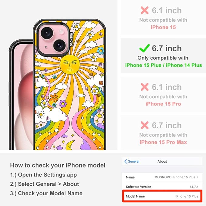 MOSNOVO Case for iPhone 15 Plus, [10ft 4X Military-Grade Drop Protection] Durable & Shockproof Phone Case Cover Design for iPhone 15 Plus / 14 Plus - 70's Psychedelic Groovy Art - Clear Black