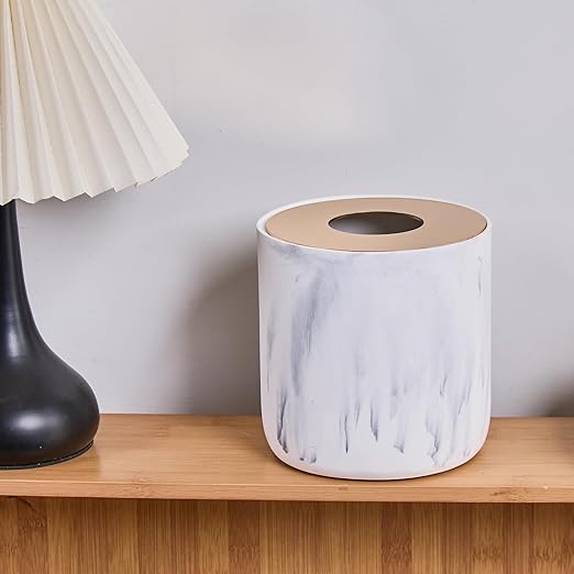 White Marble Textural Mini Trash Can with Rose Gold Stainless Steel Lid, Small Countertop Trash Can for Bathroom Kitchen,Desk Trash Can,Table top Mini Garbage Cans,Resin Tiny Waste Basket for Vanity