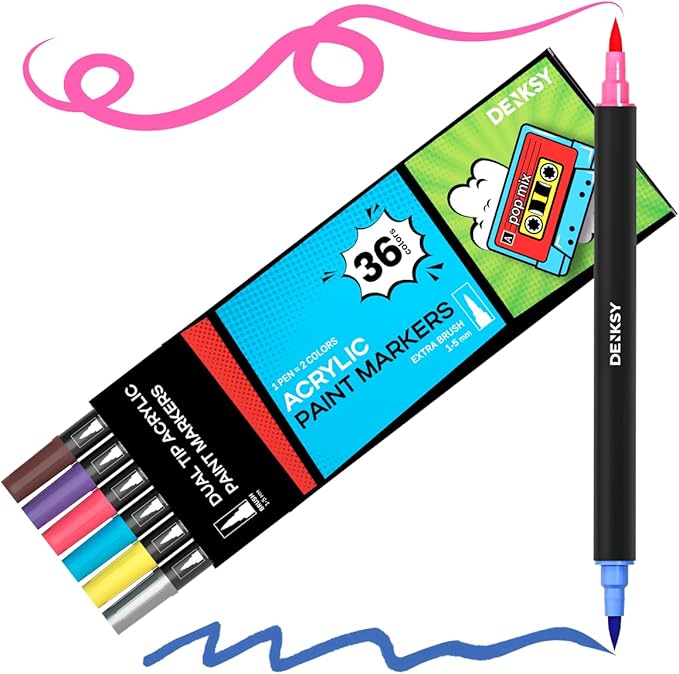 Acrylic paint pens create art – Dual Brush Tip Acrylic Markers Set, Waterproof Quick-Drying Ink for Rock Painting, Glass, Wood, Fabric (36)