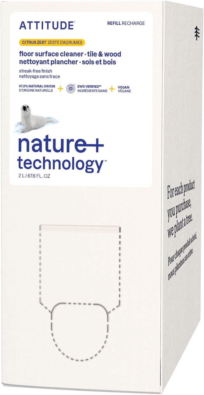 ATTITUDE Floor Cleaner Refill, EWG Verified, Streak-Free, Vegan & Plant-Based for Tile, Wood & Laminate Floors, Citrus Zest Scent, 67.6 Fl Oz