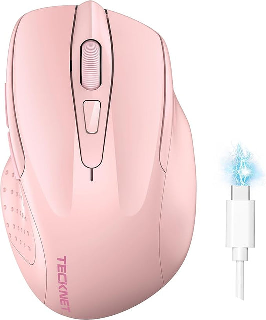 TECKNET Wireless Mouse (BT5.0/3.0 & 2.4G) Rechargeable 4800 DPI Silent USB A & Bluetooth Mouse 6 Buttons, Wide Compatibility - Pink