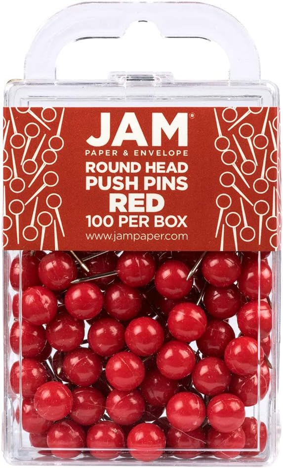 JAM PAPER Colorful Push Pins - Round Head Map Thumb Tacks - Red Pushpins - 100/Pack