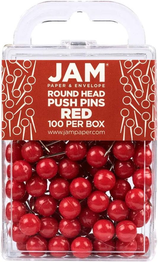 JAM PAPER Colorful Push Pins - Round Head Map Thumb Tacks - Red Pushpins - 100/Pack