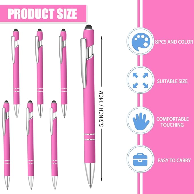 8 Pcs Blue Ink Ballpoint Pen with Stylus Tip 2 in 1 Stylus Ballpoint Pen Metal Pens Stylus Pen for Touch Screens School Office Coworkers (Rose Red)