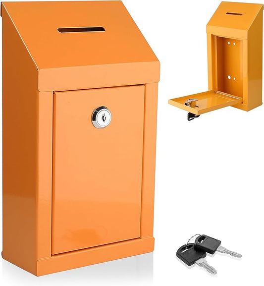 Metal Donation Box-Suggestion Box with Slot and lock-Cash Lock box for Money-Secure Drop Box-Comment and ballot voting box-comes with pre-drilled holes for easy wall mounting 10 X 6 X 2.5"(Orange)
