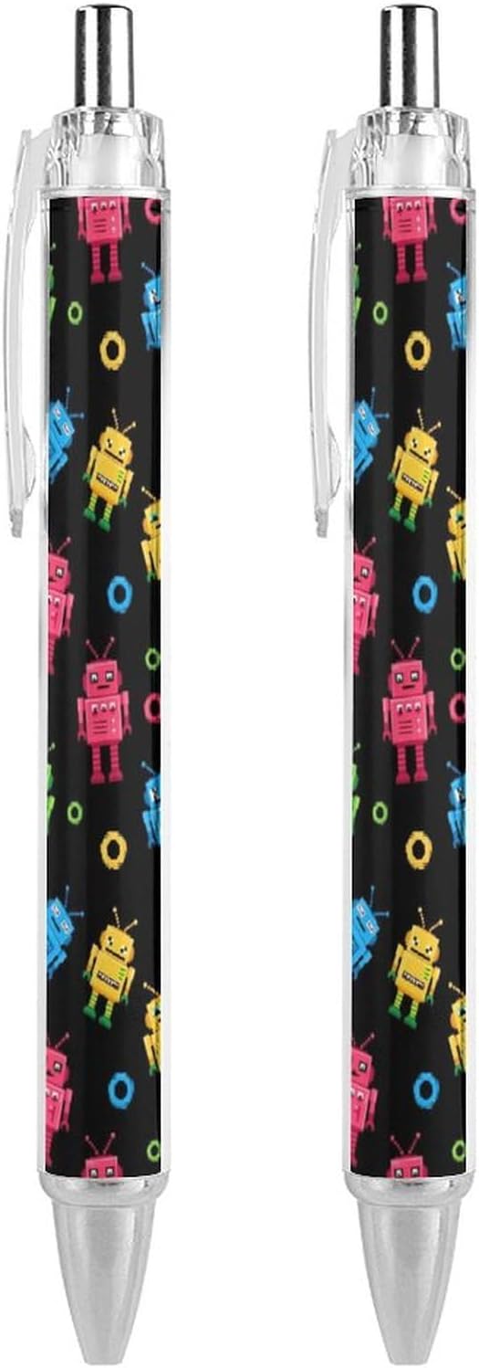 Cute Ballpoint Pens for Men Women, Colorful Robot Pattern Black Writing Pens Retractable Refillable Ink Pen for Home Office Stationary, 0.5mm, 2 Pcs