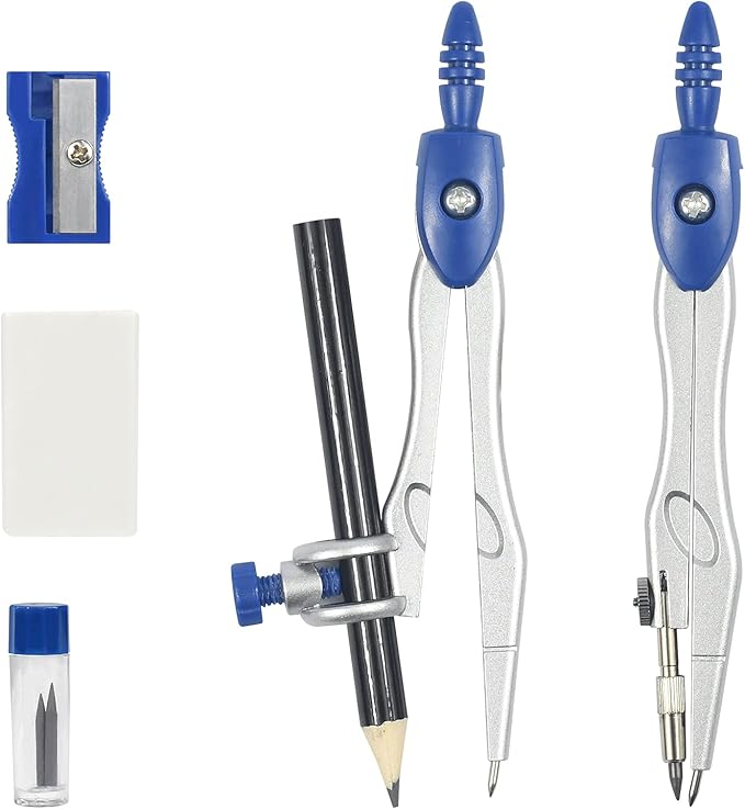 Math Geometry Kit Sets 10 Piece Student Supplies with Shatterproof Storage Box,Includes Rulers,Protractor,Compass,Eraser,Pencil Sharpener,Lead Refills,Pencil,for Drafting and Drawings（Navy blue）