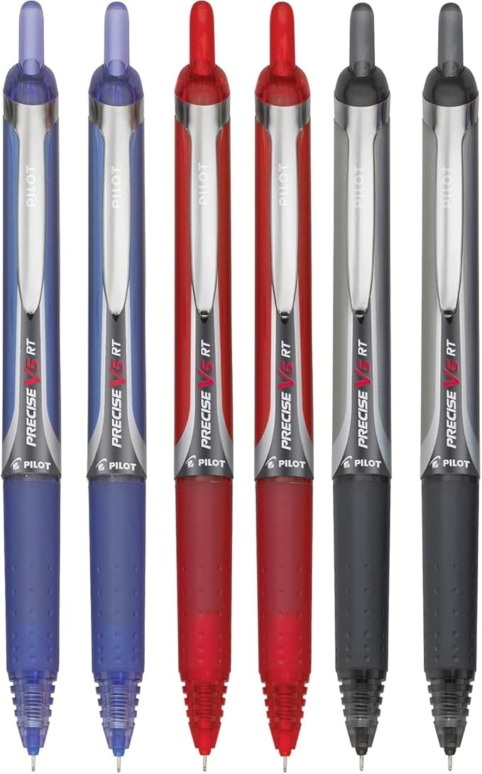 Precise V5 RT Retractable Rolling Ball Pens, Extra Fine Point (.5mm), Assorted Colors Black/Blue/Red Ink, 6-pk; Premium Comfort Grip, Bundle with Plastic Reusable Pouch