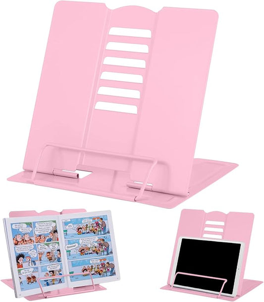 MSDADA Desk Book Stand Metal Reading Rest Book Holder Adjustable Cookbook Documents Holder Portable Sturdy Bookstands for Recipes Textbooks Tablet Music Books with Page Clips (Light Pink)