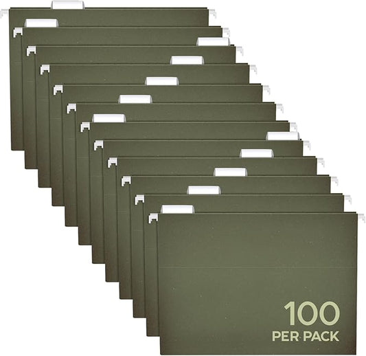 Pendaflex Hanging File Folders Letter Size - 100 Pack - 1/5 Cut Adjustable Tabs - Green Bulk File Folders with Tabs 8.5 X 11 Inches
