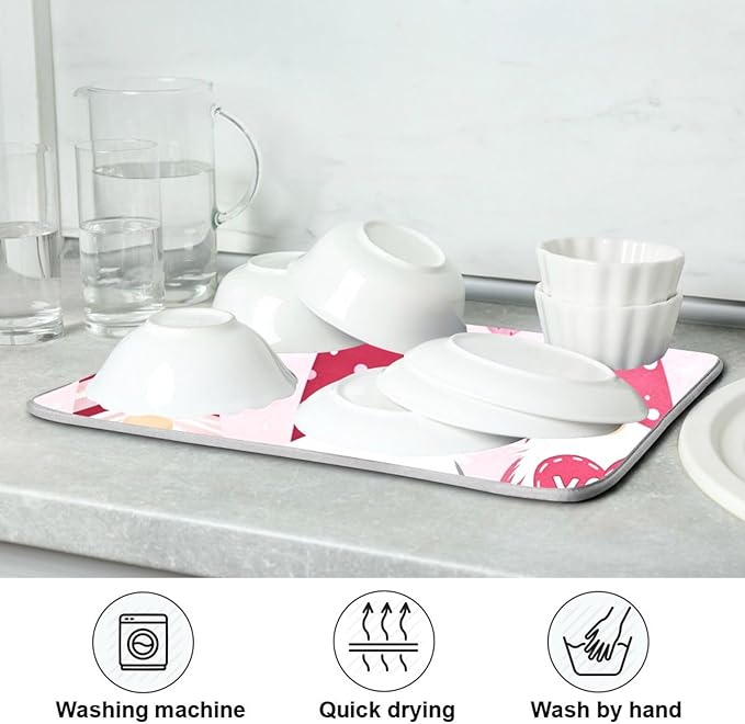 Happy Valentine Hearts Gnomes Dish Drying Mat 18 X 24 In Red Love Absorbent Microfiber Dry Dishes Pads Tableware Mats Protector for Kitchen Countertops Counter Home Decorations