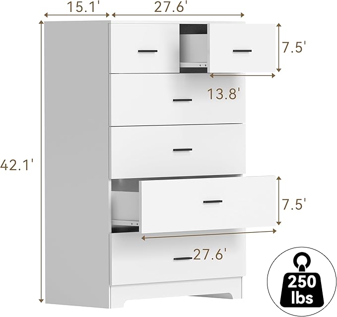 Dresser with Power Outlets Wooden 6 Drawer Dresser with Large Organizer White Tall Storage Organizer with Smooth Metal Rail Modern Chest of Drawers Closet for Bedroom Hallway