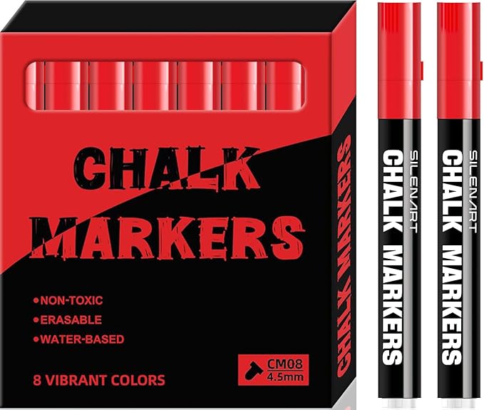 SILENART Chalk Markers - Vibrant 8 Pack - Dry Erase Markers Pen - Liquid Chalk Markers for Blackboard Chalk Board Windows Glass Acrylic Calendar Board - Erasable Chalk Marker (Red)