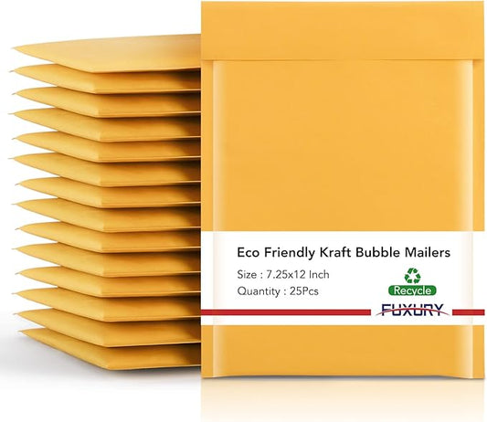 Fuxury Kraft Bubble Mailer 7.25x12 Inch 25 Pack，CD DVD Mailers,Strong Adhesion Padded Envelopes,Self Seal Bubble Envelope, Waterproof Cushioned Shipping Packaging for Small Business