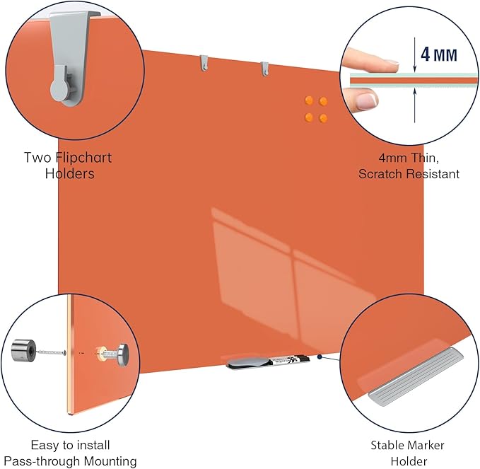 TSJ OFFICE Glass Dry-Erase Board - 48 x 36 Inches Wall Mounted Magnetic Whiteboard, Large Frameless Glass White Board for Office, Home & School, Orange