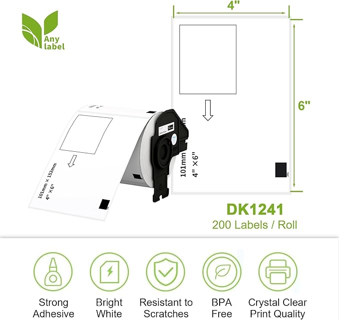 Compatible 4" x 6" Shipping Labels Replacement for DK-1241 Compatible with Brother QL Label Printers (12 Rolls + 1 Frame, 200 Labels/Roll)