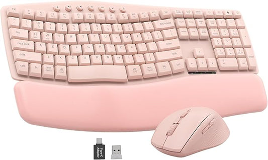 Pink Quiet Wireless Keyboard and Mouse Combo, 2.4G Ergonomic Wave Key Board with Cushioned Plam Rest, Full-Size Soft Typing Keyboards, 3 DPI Adjustable Silent Mouse for Computer/Laptop/Windows/Mac
