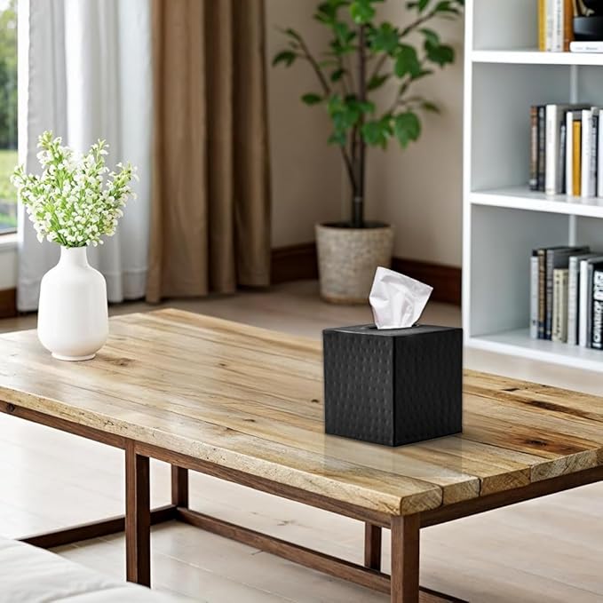Monarch Abode Hand Hammered Tissue Box Cover Square, Matte Black Tissue Holder for Bathroom, Square Metal Dresser Accessories, Decorative Tissue Box Holder, Matte Black Handcrafted Tissue Cover
