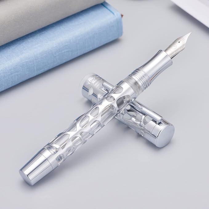 Asvine V169 Vacuum Filling Fountain Pen Extra Fine Nib, Water Drop Skeleton Transparent Clear Acrylic Pen Case Set