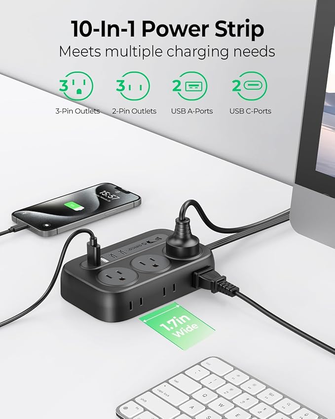 ORICO Surge Protector Power Strip, Multiple Outlets Extension Cord with 6 AC Outlets 2 USB-A and 2 USB-C Ports, 5 ft Flat Plug Power Strip, Mountable Outlet Extender for Dorm/Office/Home- OG
