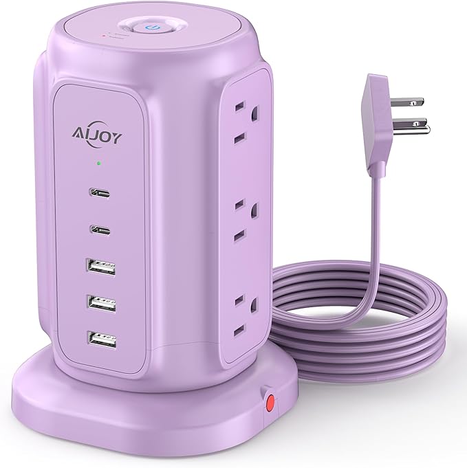 AiJoy Power Strip Tower with 9 Outlets and 5 USB Ports (2 USB C), 1200J Surge Protection, 1625W Flat Plug Extension Cord with Multiple Outlets Extender for Dorm Home Office Supplies, Purple