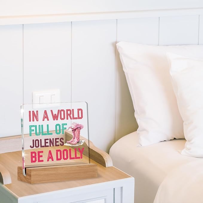 Country Pink Dolly Themed Acrylic Plaque Gifts for Women Sisters Friends, Music Lover Gift, Dolly Fans Gifts, In a World Full of Jolenes Desk Signs Room Decor 4 × 4 Inches