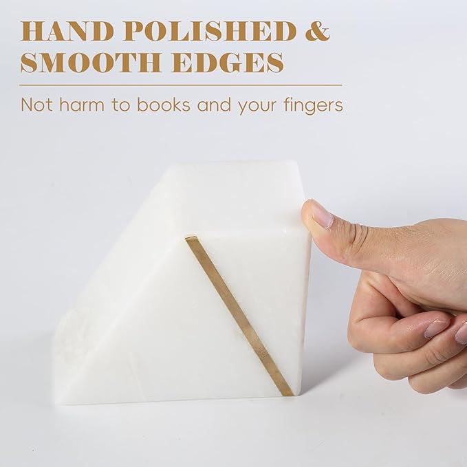 Natural Marble Bookends for Shelves, Decorative Book Ends for Heavy Books, Heavy Duty Mid Century Modern White and Gold Stone Book Holders with Brass Inlay, Unique Bookshelf Stopper Decor, Set of 2