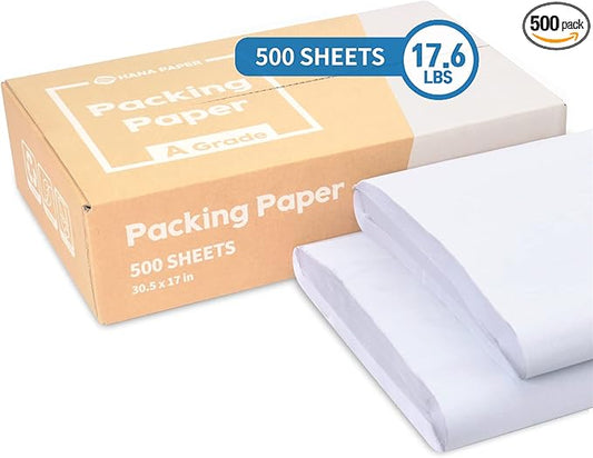 HANA PAPER 30.5" x 17" Large size (500 sheets, 17.6lb) Packing Paper Sheets for Moving, A grade of Newsprint paper for wrapping, storage, shipping. Box packaged. Ideal for wrap dish, glassware.