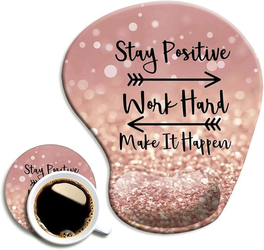 DOOKE Ergonomic Mouse Pad with Wrist Support and Coaster,Mouse Pads with Non-Slip PU Base for Home Office Working Studying Easy Typing & Pain Relief Stay Positive