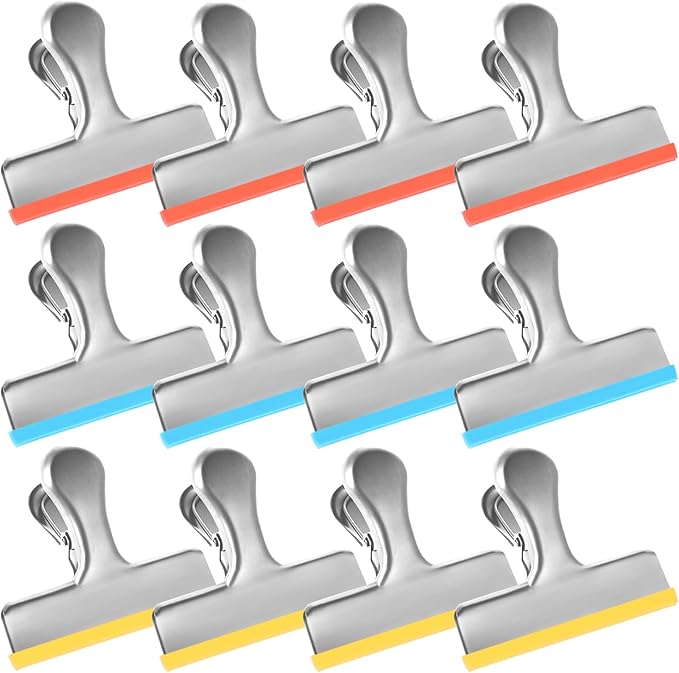 HOUSE AGAIN 12 Small Pack Stainless Steel Chip Bag Clips Covered with Silicone - NO More Sharp Edges - Color Coded for Food Bags - Air Tight Seal, Heavy Duty for Kitchen and Office, 2.5 Inches
