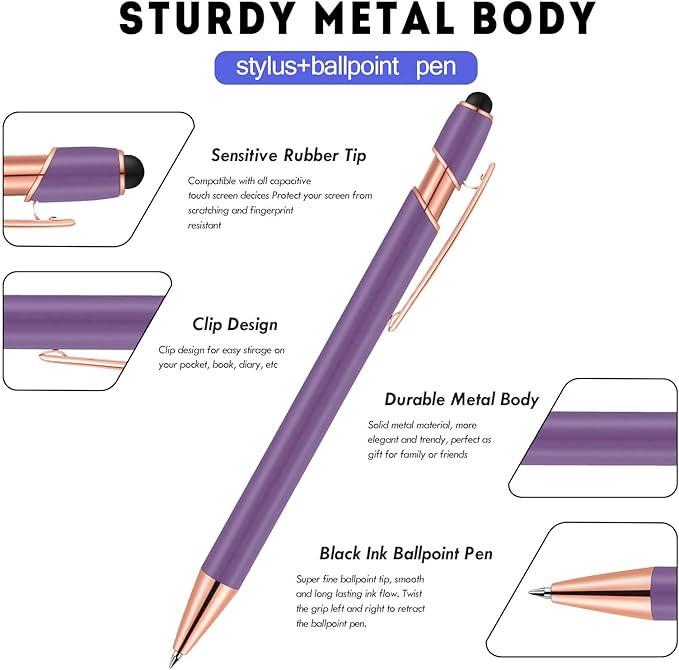 12 PCS 2 in 1 Stylus Ballpoint Pen with Stylus Tip, 1.0 mm Black Ink Metal Pen Stylus Pen for Touch Screens (Light Purple)