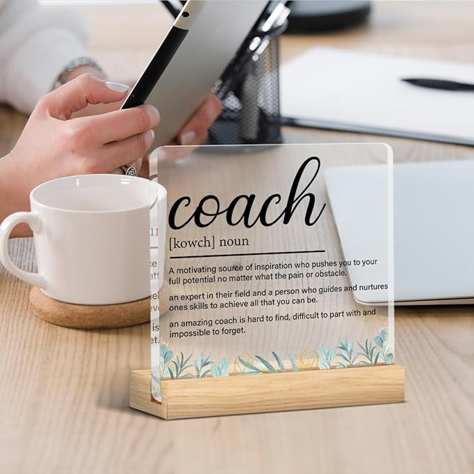 Coach Gifts for Women Men, Gift for Trainer Coach Definition Clear Acrylic Desk Decorative Sign for Home Office, 4 x 4 Inches