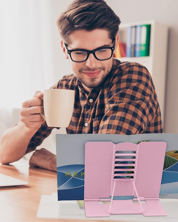 MSDADA Desk Book Stand Metal Reading Rest Book Holder Adjustable Cookbook Documents Holder Portable Sturdy Bookstands for Recipes Textbooks Tablet Music Books with Page Clips (Light Pink)