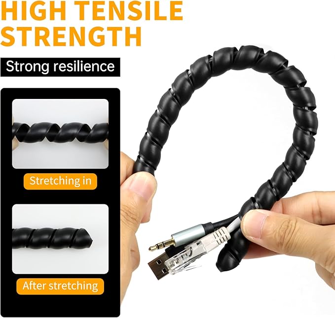 Spiral Wire Wrap, 9.84ft, 16.4ft, 33ft Spiral Cable Wrap Sleeve Hose for Computer, Power, Audio & Video Cords Stop Cord Tangle and Detangler (Black, 20mm (25/32")-9.84ft)