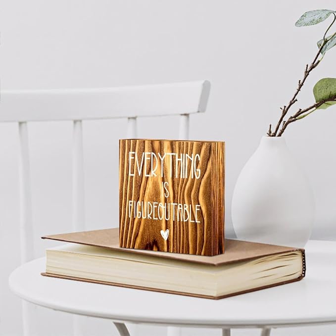 mmiishe Everything Is Figureoutable Wooden Box Sign Decorative Inspirational Farmhouse Wood Box Sign Home Office Decor Motivational Gift Rustic Square Desk Decor Sign for Shelf Burlywood