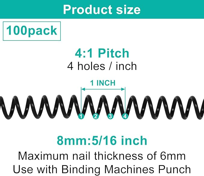 Plastic Spiral Binding Coils 100 Pack, Coil Binding 8mm(5/16") 40 Sheet Capacity, 4:1 Pitch Black Binding Spirals for Students and Coworker