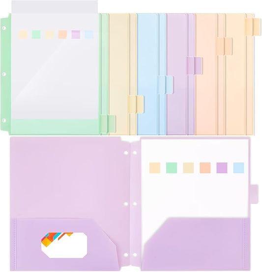 Honoson 12 Pcs Plastic Folders with Clear Front Pocket 3 Hole Punched Folders for 3 Ring Binder 1/6 Cut Tabs for Office Classroom (Macaron Colors)