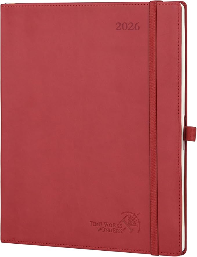 POPRUN 2026 Planner (Large - 8.5'' x 10.5'') - 2026 Weekly Calendar (Jan. 2026 - Dec. 2026) with Hourly Time Slots, Weekly/Monthly Appointment Book for Time Management - Leather Soft Cover - Burgundy Red