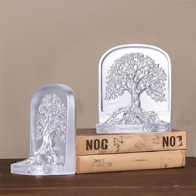 Silver Tree of Life Bookends Set, 2 Decorative Bookends for Shelves or Bookcase, Non-Skid Heavy Bookends for Desktop Shelf Decor, Library Office Decor, Home Décor Gift
