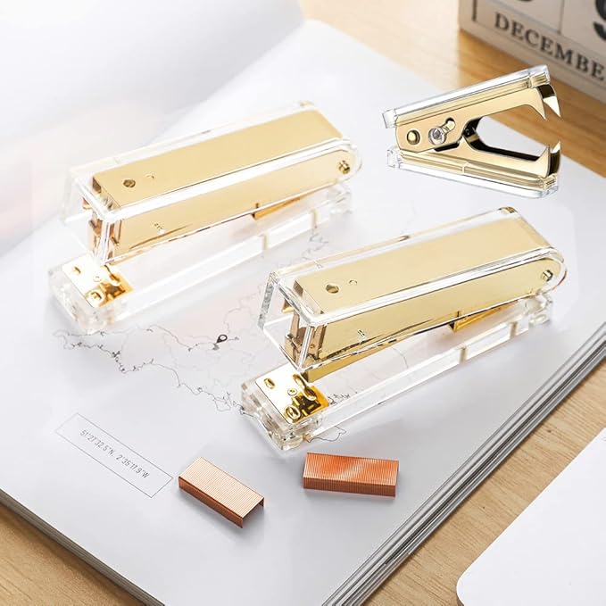 Acrylic Gold Tape Dispenser Gold Desktop Stapler, Acrylic Office Supplies Includes Staple Remover, Tape, 1000pcs Staples Desk Accessory Kit, Cute Office Stapler Set for Modern Design Office Desktop
