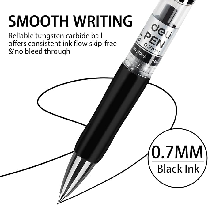 deli Gel Pens, 50 Pcs Retractable Pens Black Ink, Medium Point Pen 0.7mm, Smooth Writing, Fast Dry, No Bleed for Journaling Note Taking, Home School Office Supplies