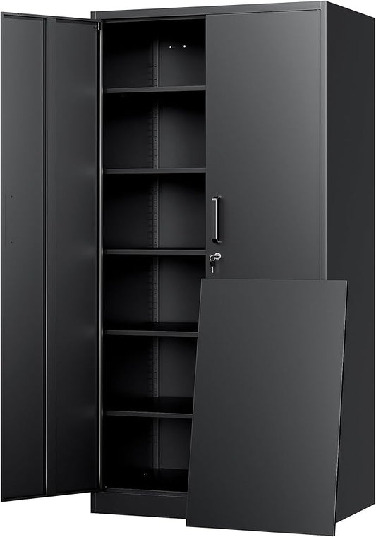 Yizosh Metal Storage Cabinet with Lock - 72" Garage Storage Cabinet with 2 Locking Doors and 5 Adjustable Shelves, Black Steel Lockable for Office,Home,Garage