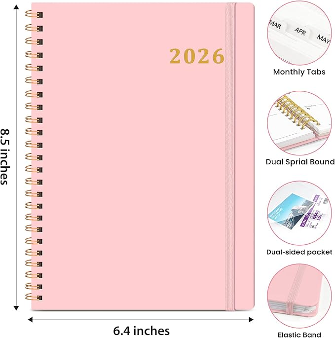 2026 Planner, Weekly and Monthly Calendar Planner Book, January 2026 - December 2026, Hardcover Spiral Planner with Monthly Tabs, Notes Pages, Perfect for Women & Men, A5 (6.4" x 8.5") - Pink