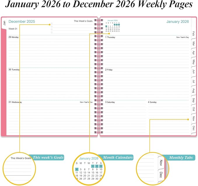 2026 Planner - Planner 2026 from January 2026 to December 2026 with 12 Monthly Tabs, Flexible Cover, Inner Pocket, 8.5" x 11", Pink