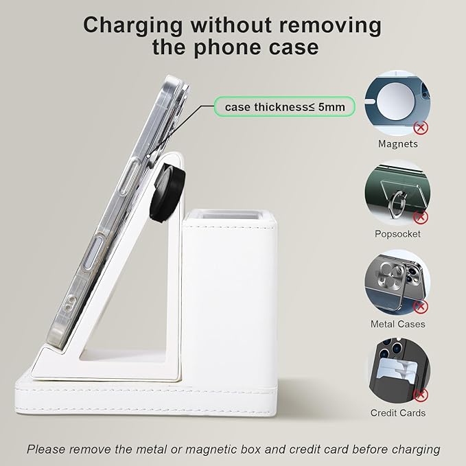 Leather Desk accessories Pen Holder with 3-in-1 Wireless Charger for Phone, Earbuds, Watch Multifunctional Desktop Phone Stand for Office and Home,birthday gifts,gifts for him (white)